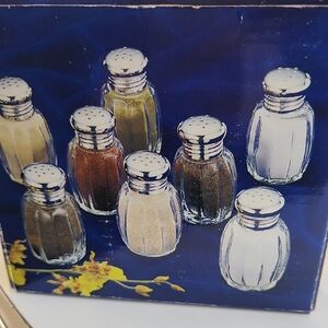 Set of 8 Glass Salt Shakers with Silver Lids. 4 Boxes. Total 32 Pieces.